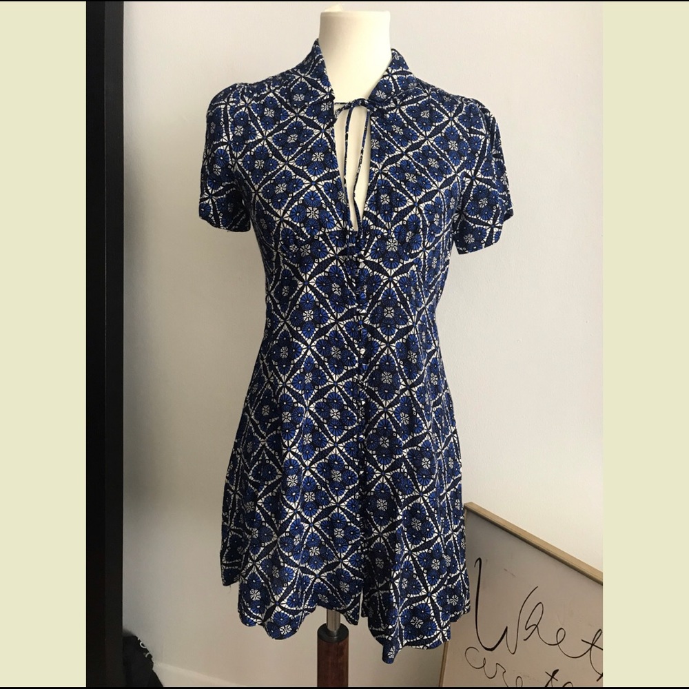 Free People Blue Mini Skater Tie Neck Dress 2